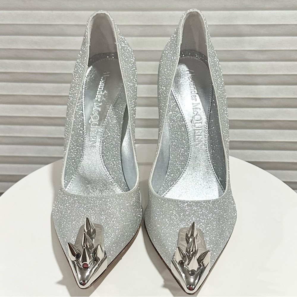 🌹ALEXANDER MCQUEEN🌹 Silver 110 Stud-Detail Punk Spike Glitter Stiletto  Size: 37 - Picture 4 of 9